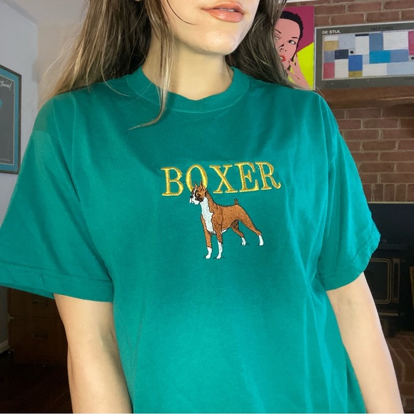 Vintage Tops - Vintage 90s Boxer Dog Mastiff German Tee Teal Embroidered Animal Pet Own…